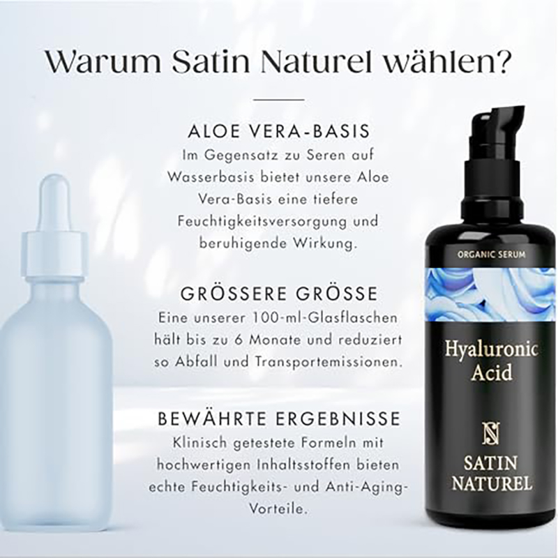 Satin Naturel Hyaluron Serum Hochdosiert 100ml – Bio Hyaluronsäure Serum Gesicht – Anti-Aging Feuchtigkeitsserum – Vegan – 24h Feuchtigkeit – Gesichtspflege für Frauen und Männer - Image 10