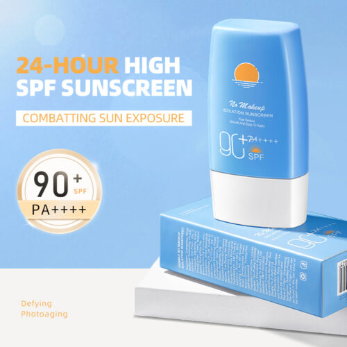 Sunscreen with SPF 90+, non-greasy, sweat and water resistant.