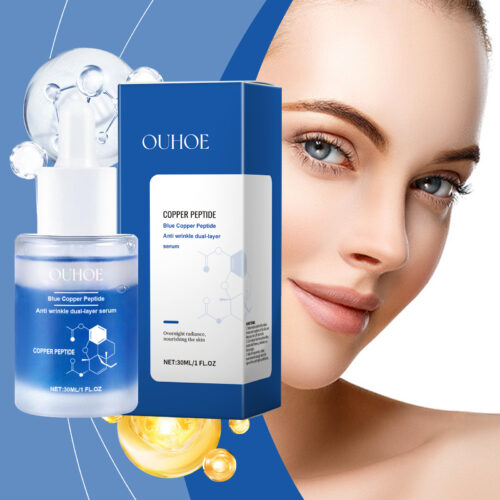 Blue copper peptide facial serum for nourishment, firmness, gentle care, hydration and radiance.