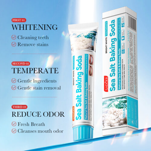 Sea salt baking soda whitening toothpaste removes plaque and cleans teeth.